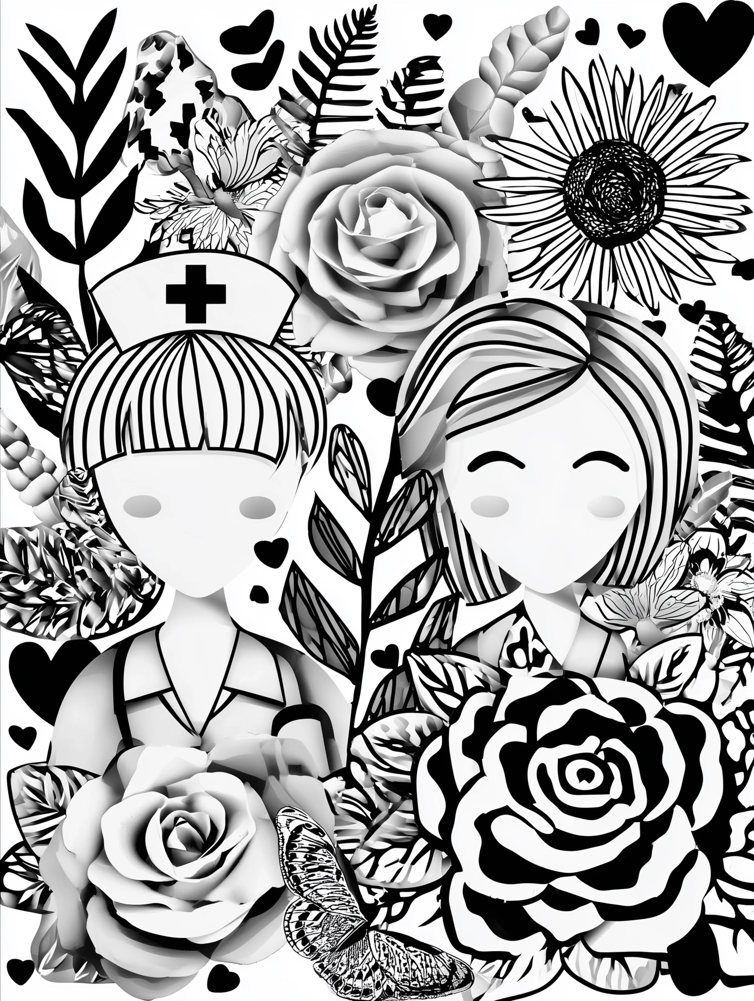 Free printable nursing coloring page for adults featuring nurses among flowers